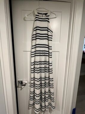 Ann Taylor White and Black Striped Halter Maxi Dress